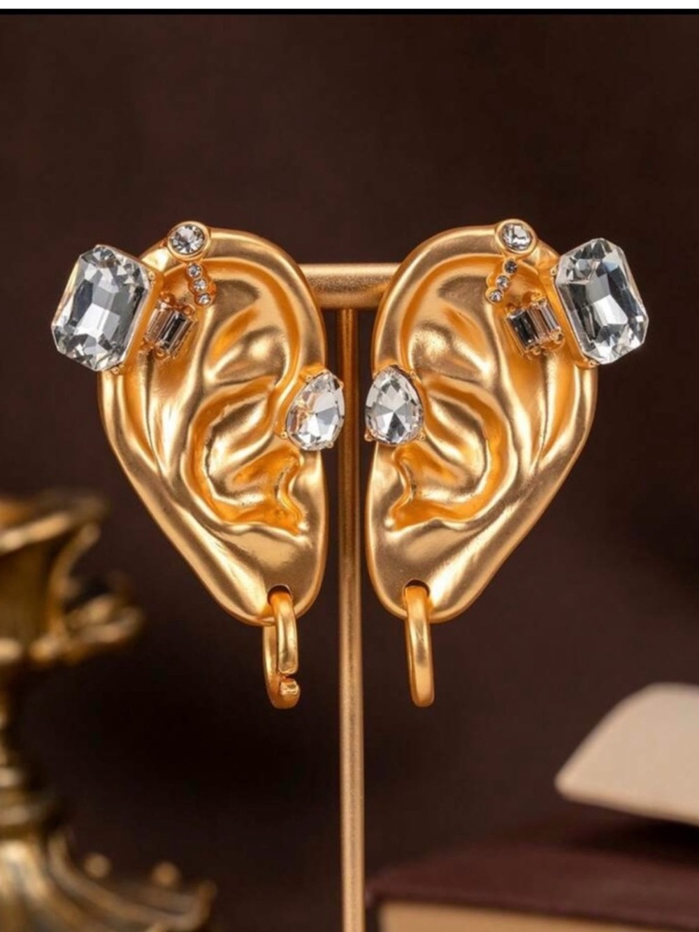 Schiaparelli Inspired Gold Ear-Shaped Crystal Statement Earrings